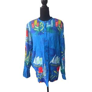 Vintage Peter Popovitch Tall Blue Nautical Sailboat Beach Print Womens Shirt XL